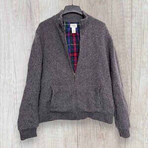 LL Bean Lambswool Bomber Jacket Gray Tartan Lined Zip Front Classic Coat Mens L